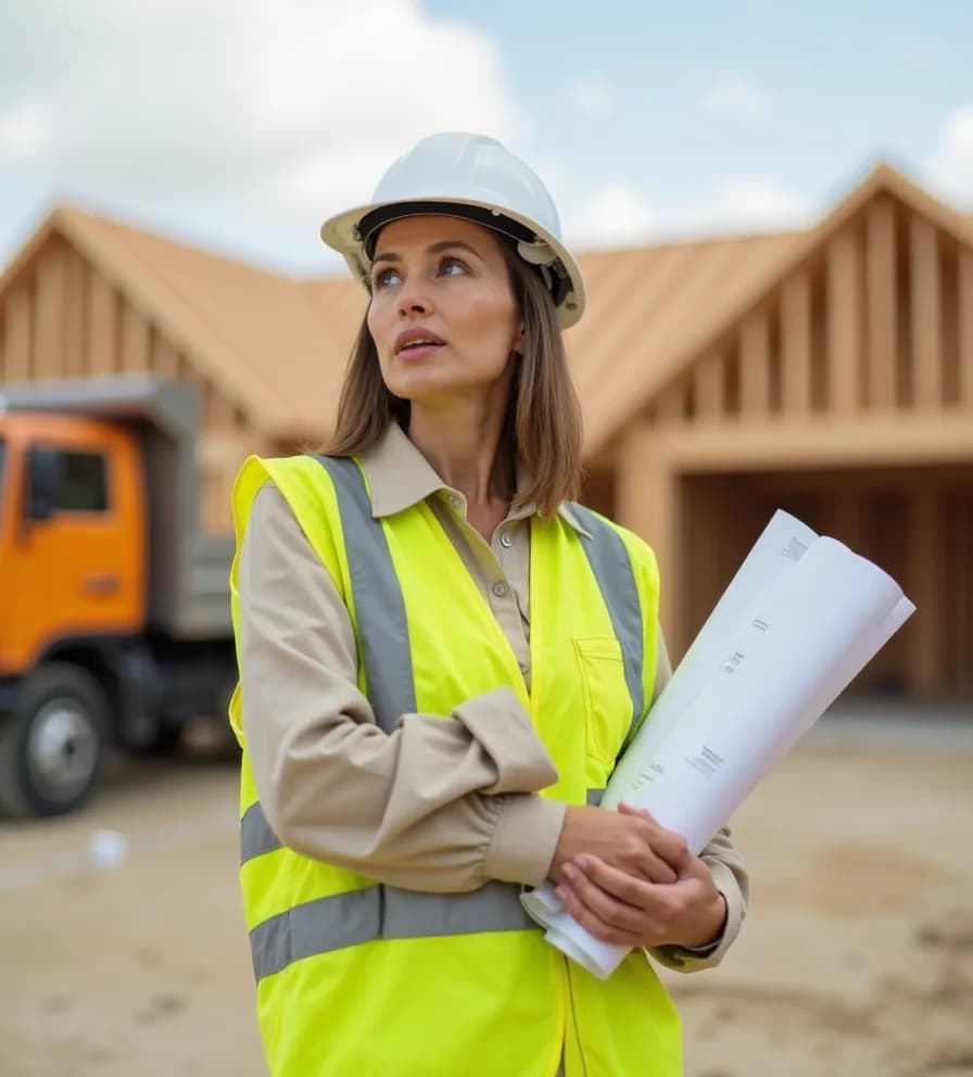 Elena Ruiz holding building plans on a job site